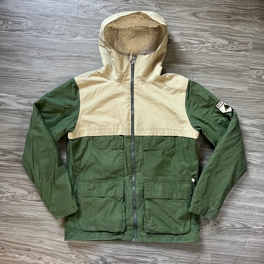 Burton Dryride Snowboard Jacket Mens Small Green Tan Colorblock Sherpa Hooded